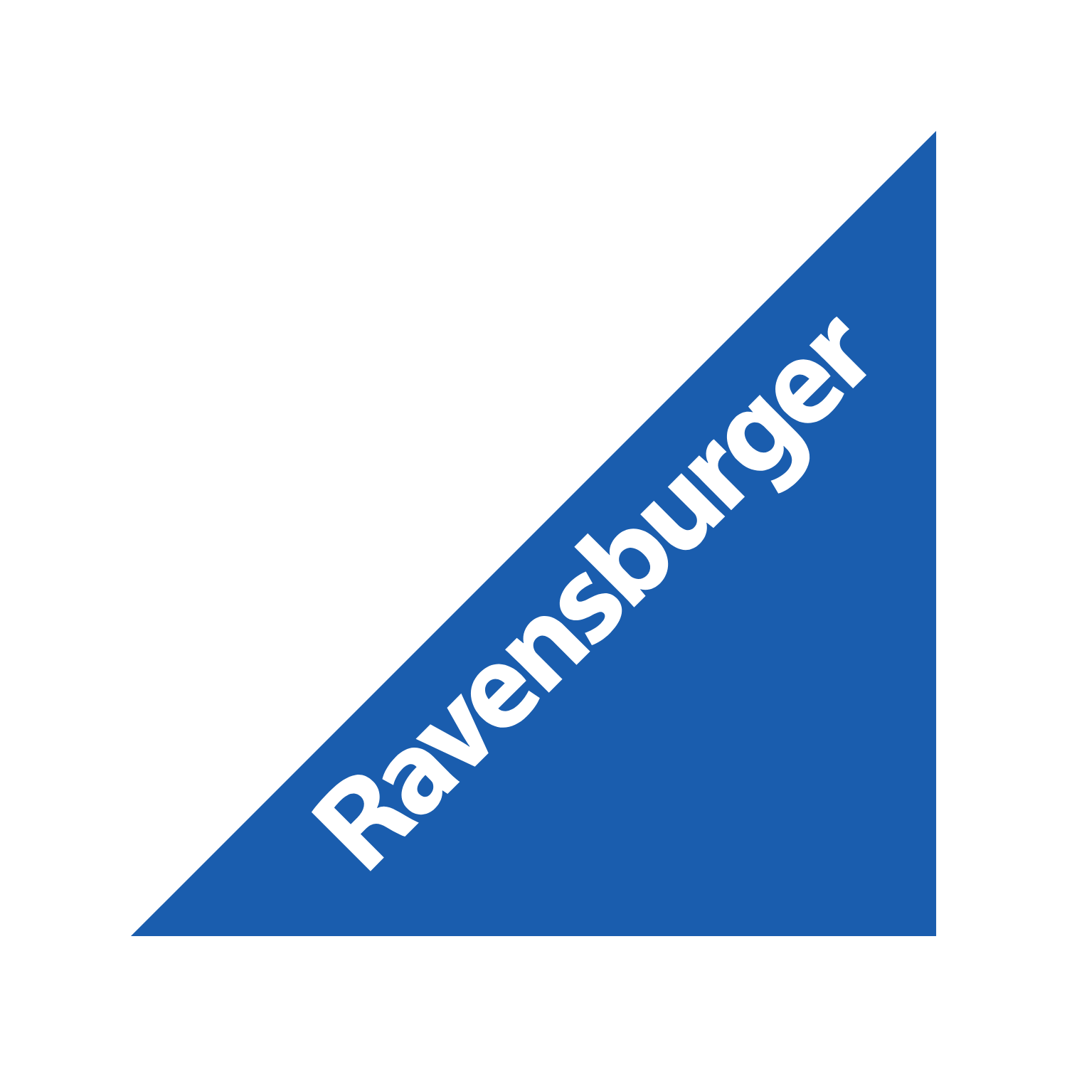 Logo brand Ravensburger it is made with a dark blue triangle on the bottom down side of a white square with the lettering Ravensburger in color white