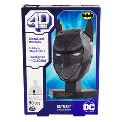 4D Build DC Batman mask 3D puzzle model kit featuring a black cowl with yellow and white details, packaged in glossy cardboar