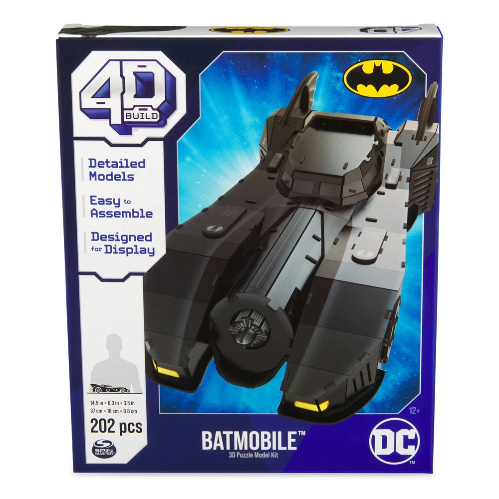 4D Build DC Batman Retro Batmobile 3D Puzzle Model Kit box featuring a black Batmobile with yellow accents against a blue sta