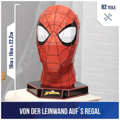4D Build Marvel Spider-Man 3D puzzle model kit features a glossy red and black Spider-Man mask on a black pedestal.