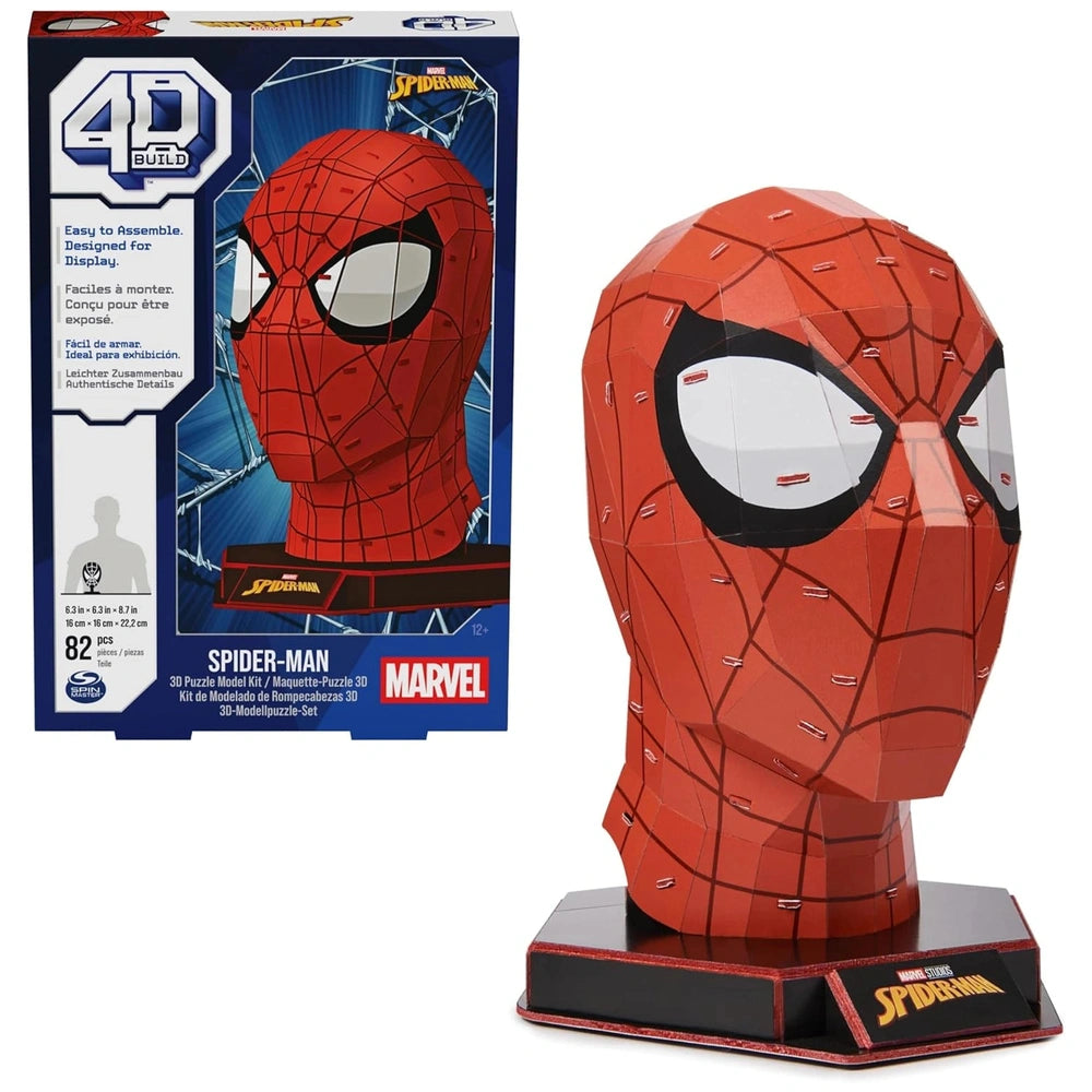 4D Build Marvel Spider-Man 3D puzzle kit featuring a completed Spider-Man head model with a web-like pattern and display stan
