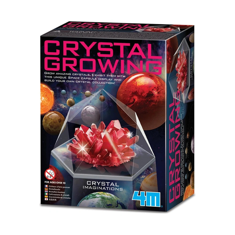 4M Crystal Growing Red Edition toy playset in glossy cardboard packaging with colorful shiny crystals displayed through a pla
