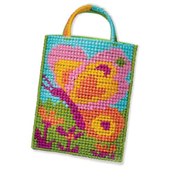4M cross stitch arts and crafts bag features a colorful woven fabric design with floral patterns and a top handle.