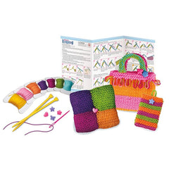 4M Easy to Do Knitting kit with colorful yarn spools, plastic hooks, and printed instructions in vibrant packaging.