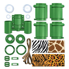 KidzLabs Build Your Own Binoculars with green, brown, and clear plastic rings, zebra and leopard print fabrics, and brown rop