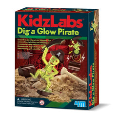 KidzLabs Dig a Glow Pirate toy playset packaging features a skeleton pirate, shovel, and treasure chest on a red background.