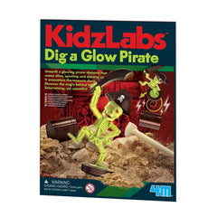 4M KidzLabs Dig Glow Pirate toy playset packaging features a skeleton, shovel, treasure chest, and pirate hat on a red backgr