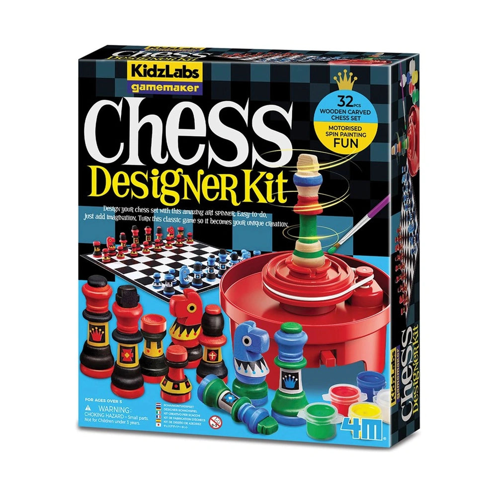 4M KidzLabs Gamemaker Chess Designer Kit packaging features a black background, a matte cardboard board, and glossy plastic c