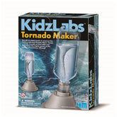 4M KidzLabs Tornado Maker STEM kit packaging features glossy cardboard, a transparent window, and blue, white, and yellow pri