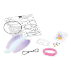 4M Little Craft Dream Catcher Making Kit featuring purple feathers, pink string, and circular patterned clear plastic.
