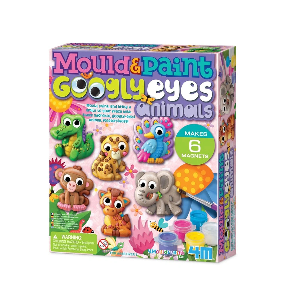 Mould & Paint Googly Eyes Animals packaging features colorful animal images, six magnets, and warnings on a pink matte backgr