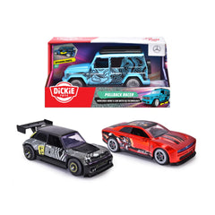 Dickie Auto Pullback Racer set features two glossy toy cars in black, red, and white, displayed in red and white packaging.