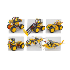 Seven yellow and black construction toy models, including vehicles and helicopters, built from the Alexander Constructor Pro set.