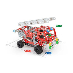 Red and silver metal fire engine toy construction set, 16x8x10 cm, with colorful plastic elements and black wheels.