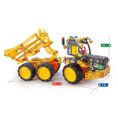 Robust construction truck with yellow and black metal components, featuring large wheels and adjustable parts.