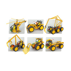 Six assembled construction vehicles including a helicopter, loader, and bulldozer in yellow and black from the Alexander series.