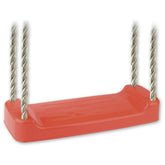 Red swing seat with four sturdy ropes designed for outdoor play.