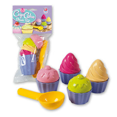 Colorful Androni cupcake and ice cream molds with scoop, featuring pink, yellow, and purple tones for imaginative sand play.