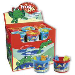 Display of colorful Androni Frog Game jars with vibrant jumping frog toys in a red container box.