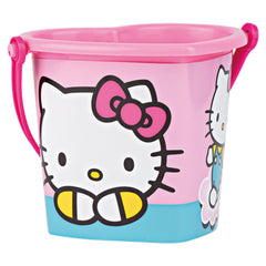 Hello Kitty heart-shaped beach bucket, pink with blue base, featuring Hello Kitty illustration and pink handle.