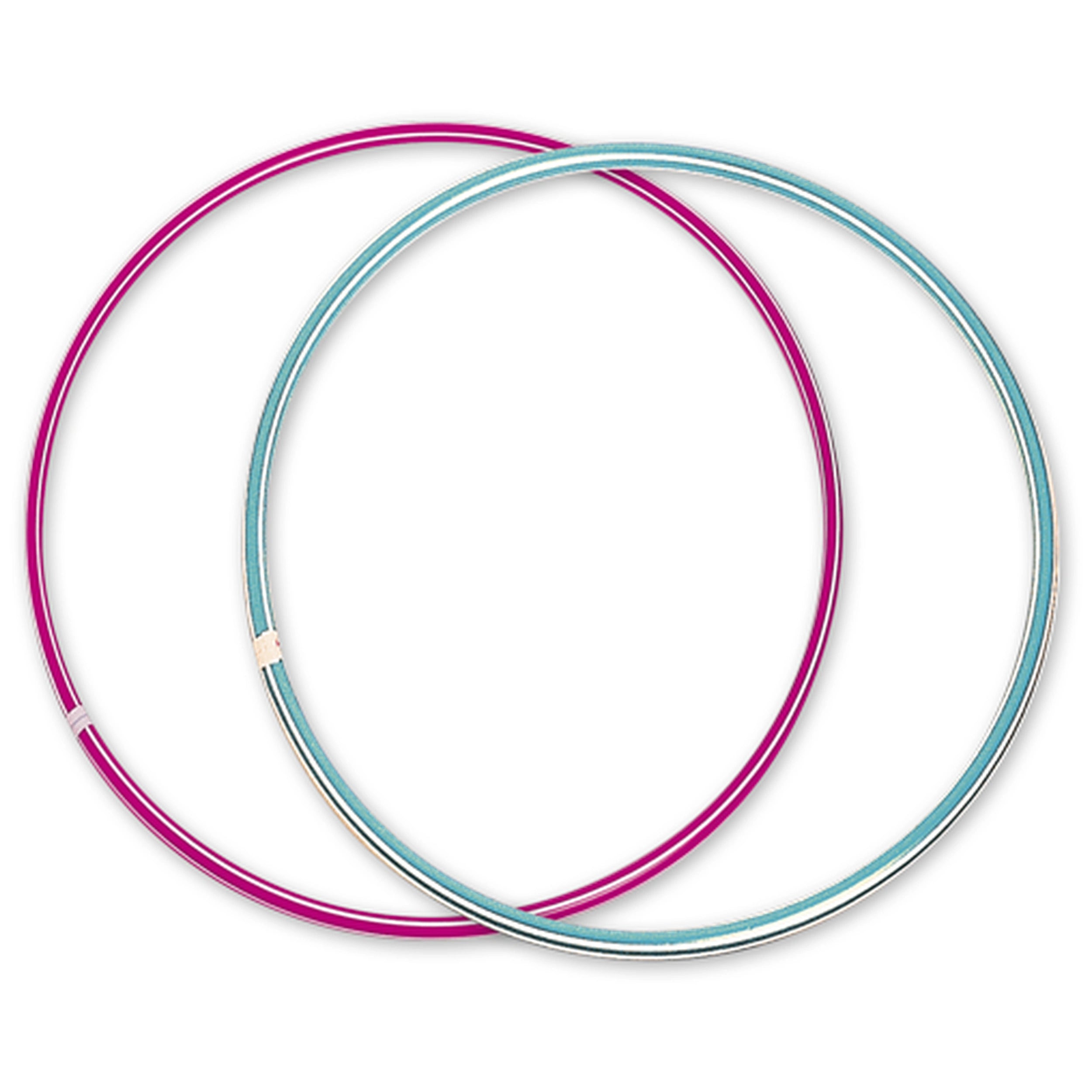 Two Androni Hula Hoops, one pink and one blue, overlapping on a white background.