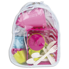 Transparent backpack with a pink picnic set, including cups, cutlery, and a coffee pot.