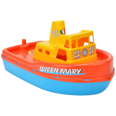 Vibrant multicolored Queen Mary toy boat with yellow cabin and blue base, featuring a classic steamship design.