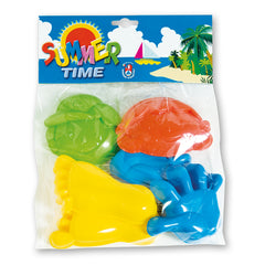 Colorful Androni sand molds in hand, foot, and face shapes packaged under a "Summer Time" label with beach graphics.