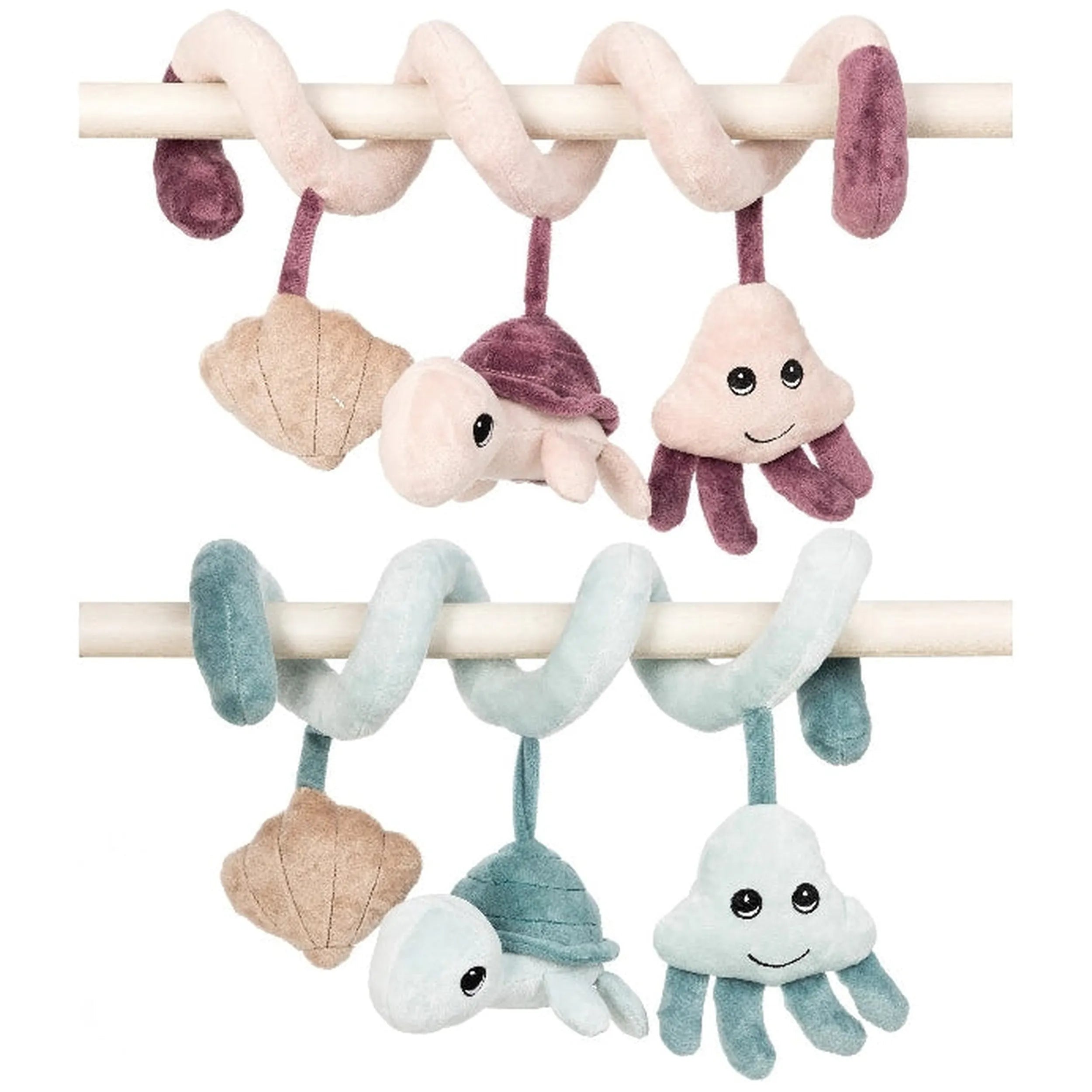 Plush spiral rattle with turtle, jellyfish, and seashell in pastel colors, designed for sensory and imaginative play.