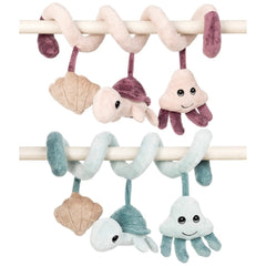 Plush spiral rattle with turtle, jellyfish, and seashell in pastel colors, designed for sensory and imaginative play.