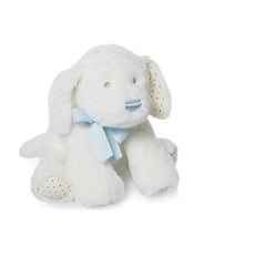White plush dog with a blue bow and polka-dotted paws, offering a soft, cuddly companion for toddlers.