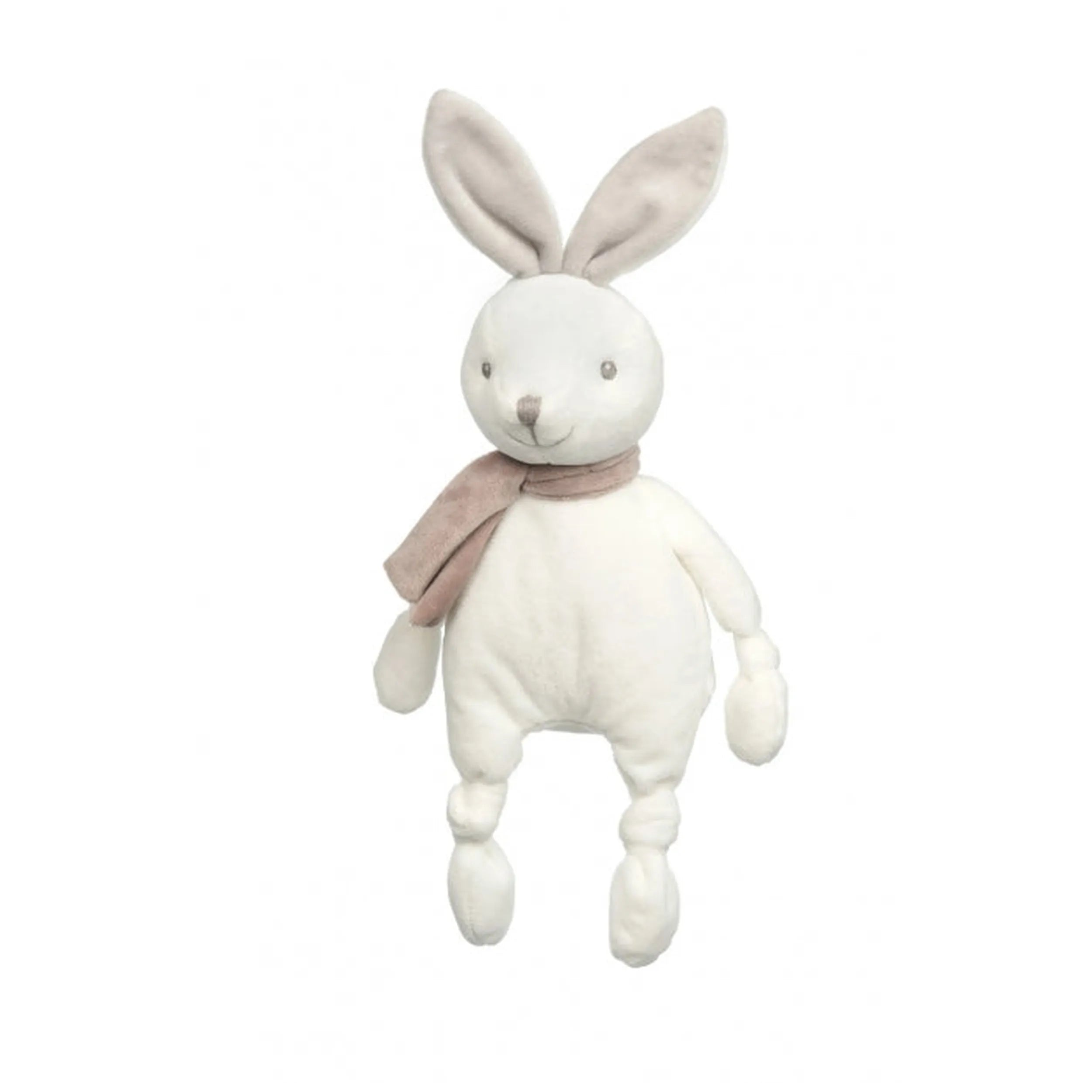 White rabbit plush rattle with floppy ears, a small scarf, and knotted paws designed for tactile play.