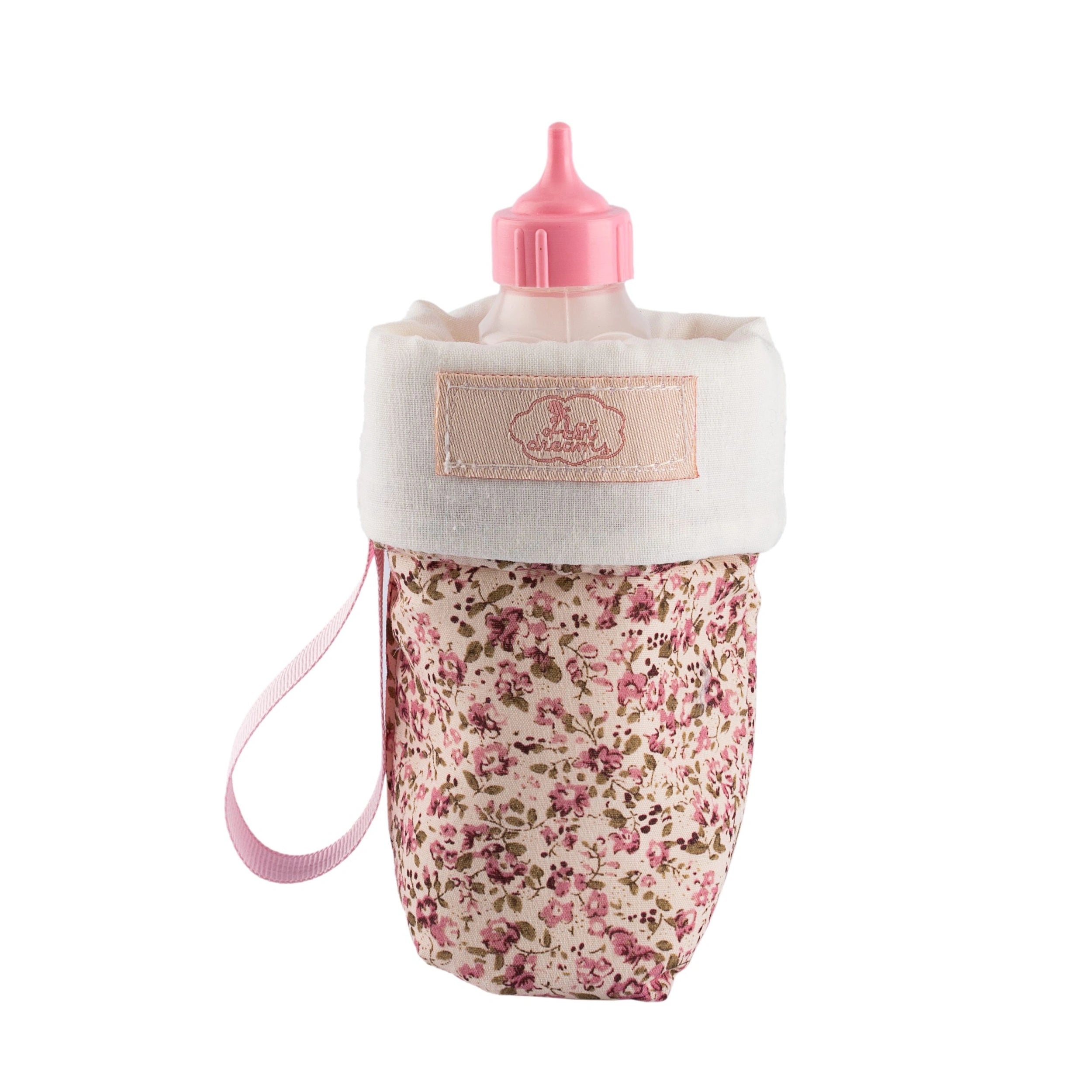 Pink floral doll bottle holder with a pink cap and ribbon loop.