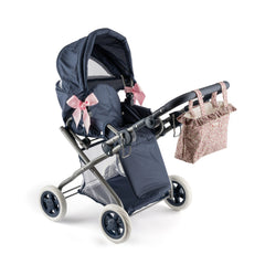 Dark blue toy stroller with pink bows, floral diaper bag, removable canopy, and white wheels, designed for 36-46 cm dolls.