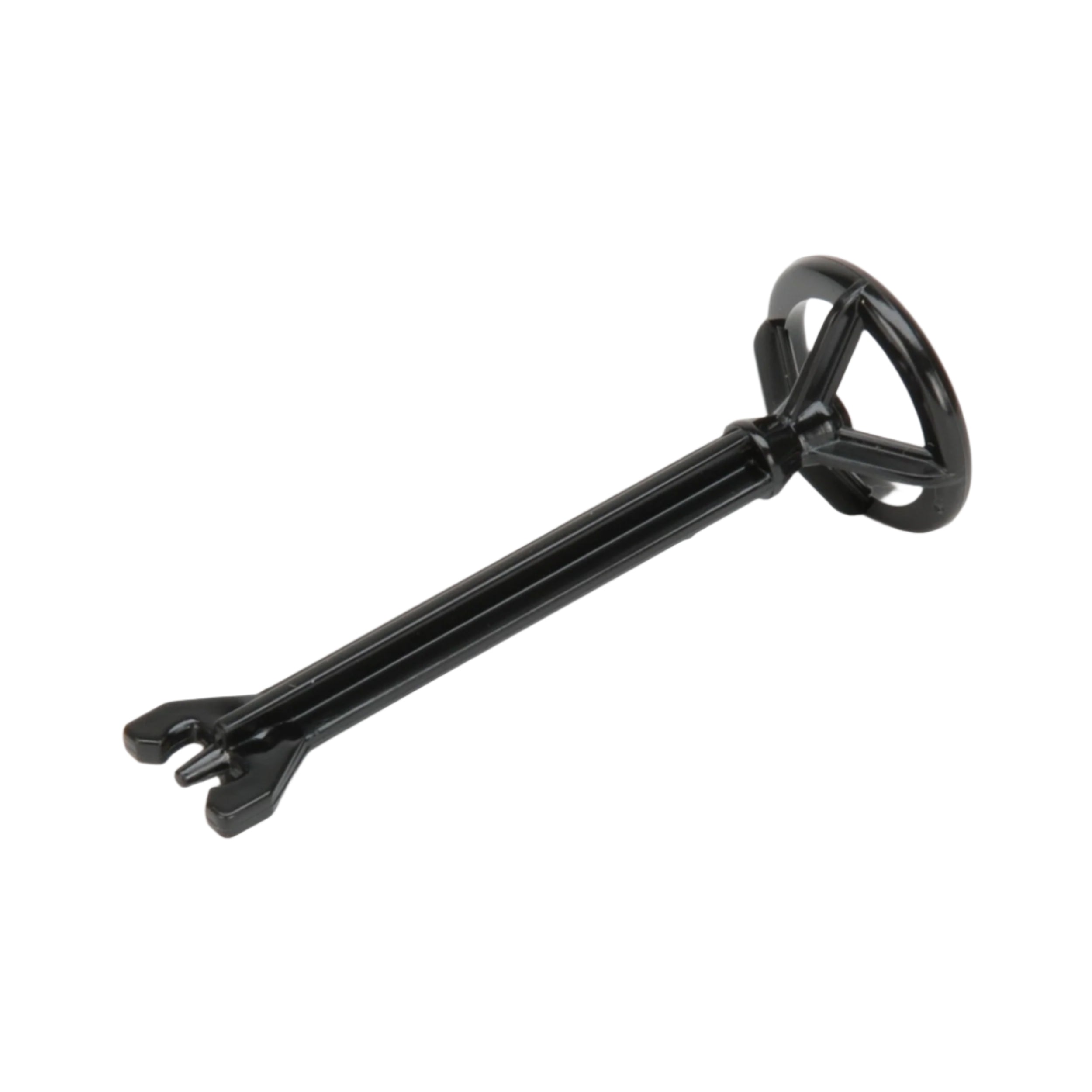 Black plastic steering column for Bruder toy vehicle, featuring a tri-spoke wheel and a forked end for attachment.