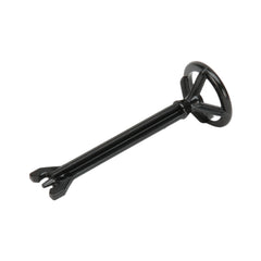 Black plastic steering column for Bruder toy vehicle, featuring a tri-spoke wheel and a forked end for attachment.