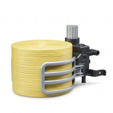 Yellow round bale held by a grey plastic gripper accessory with realistic agricultural design.