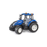 Blue New Holland T5.120 toy tractor with large black tires and detailed cab on a white background.