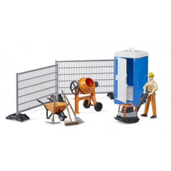 Construction playset with a figure, barriers, cement mixer, wheelbarrow, tools, and a portable toilet.