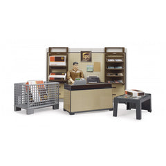 UPS parcel shop playset with employee figure, counter, parcel shelves, and packages for imaginative role play.
