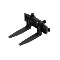 Black plastic pallet forks for toy vehicles, designed for realistic play and compatibility with Bruder toys.