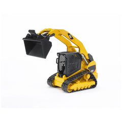 Yellow and black Bruder CAT Compact Track Loader toy with rubber tracks and adjustable front bucket.