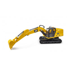 Yellow Bruder CAT Excavator toy with a black tracked base, realistic cab, and adjustable arm, set on a white background.