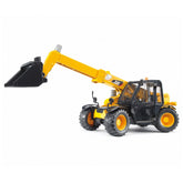 Bruder CAT Telehandler toy with yellow extendable arm, black cabin, and realistic wheels on a white background.
