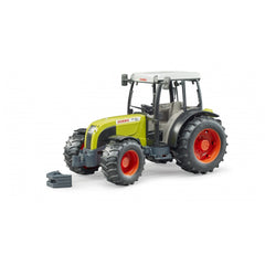 Green Claas Nectis 267 F toy tractor by Bruder, equipped with large red wheels and a detachable front loader.