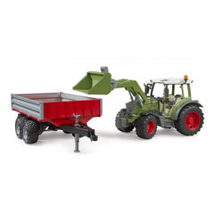 Green Fendt Vario 211 toy tractor with red tipping trailer and frontloader, designed for educational play.