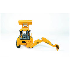 Yellow Bruder JCB 4CX Backhoe Loader toy facing front, showing functional scoop and backhoe arm on a white background.