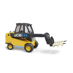 Yellow Bruder JCB Teletruck toy with black telescopic arm extended, holding a beige pallet.