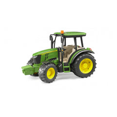 Green John Deere 5115 M toy tractor with yellow wheels and realistic details, featuring cab and off-road tires.