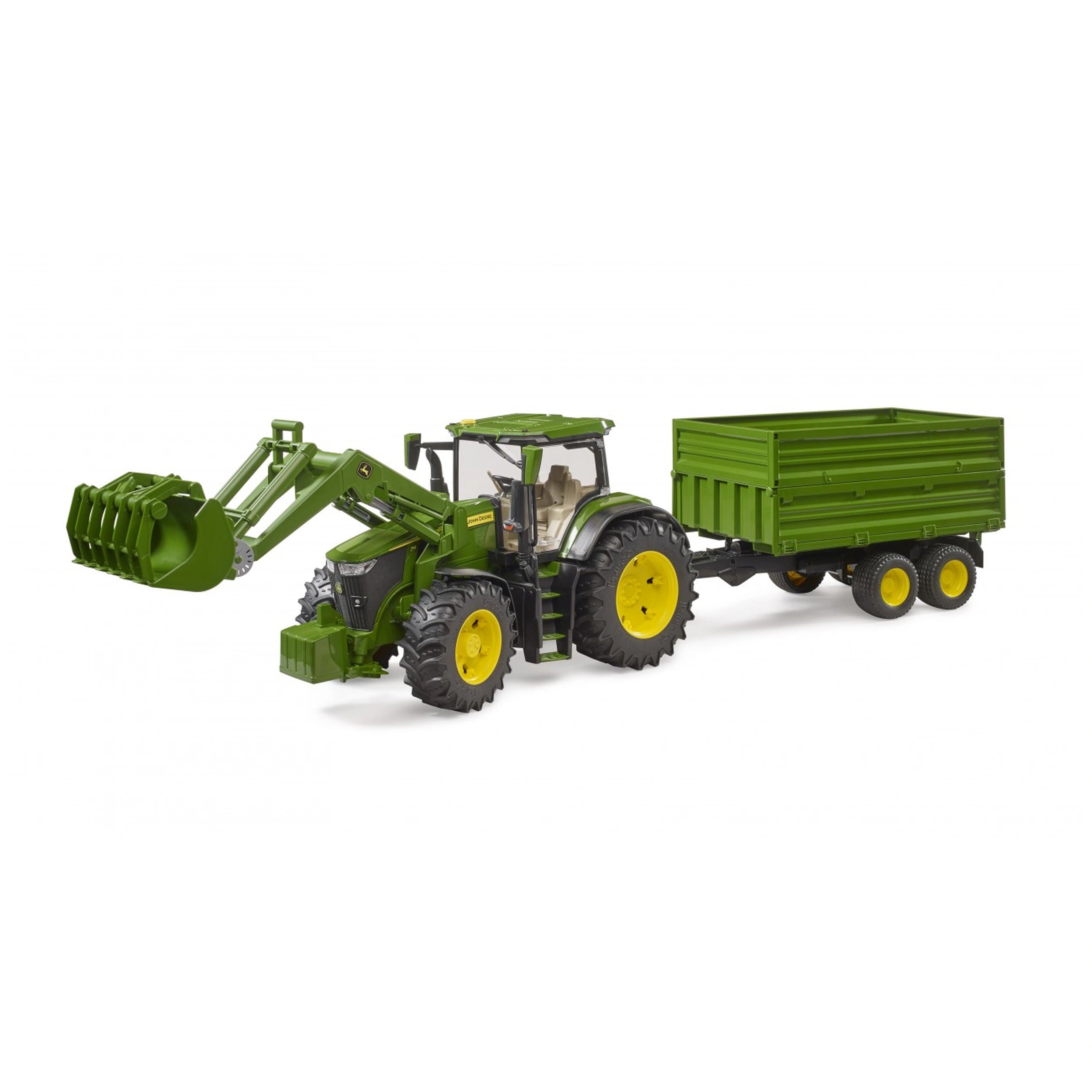 John Deere 7R 350 toy tractor with front loader and green tandem axle trailer, detailed model.